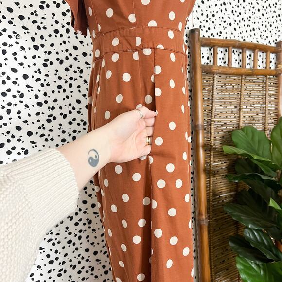 Anthropologie | Maeve Rust Orange Polka Dot White Ruffle Wide Leg Jumpsuit 8 EUC - Picture 7 of 13